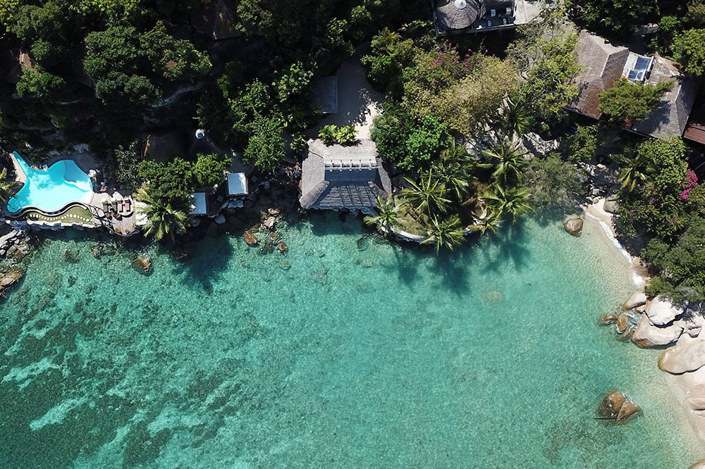 Aerial view of the reef and resort on Koh Tao